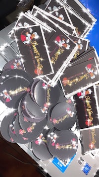 a pile of stickers on a desk